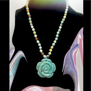 Colorful Amazonite Beaded Necklace w/a Carved Floral Amazonite Pendant